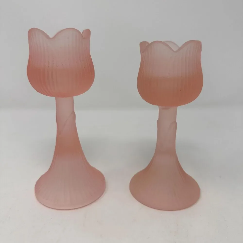 Vintage Pink Frosted Glass Tulip Candle Holders Pair Satin Votive Candlesticks